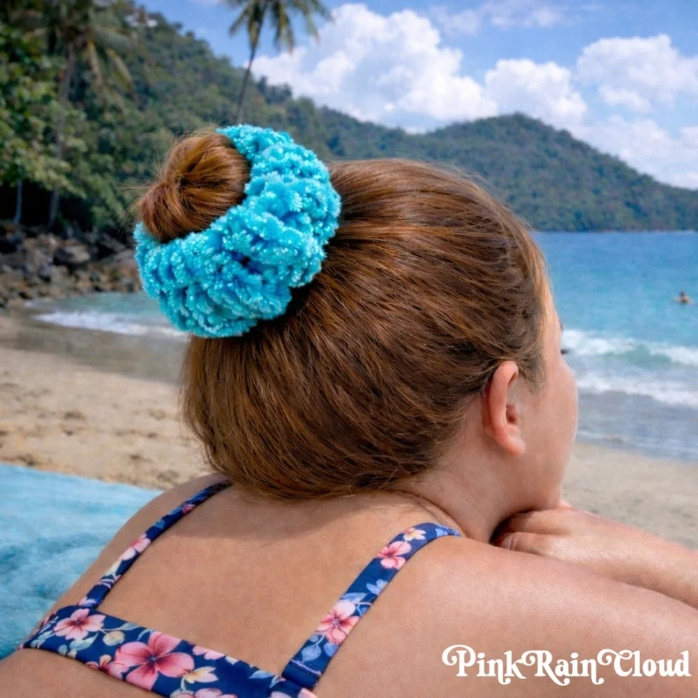 Handmade VELVET Ice Blue Crochet Scrunchie Sparkle Large Hair Tie PinkRainCloud